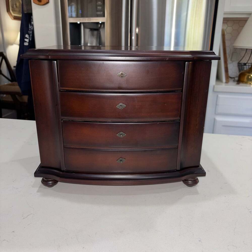 Bombay Traditional Style Dark Wood Jewelry Box with Mirror Drawers Necklace Door